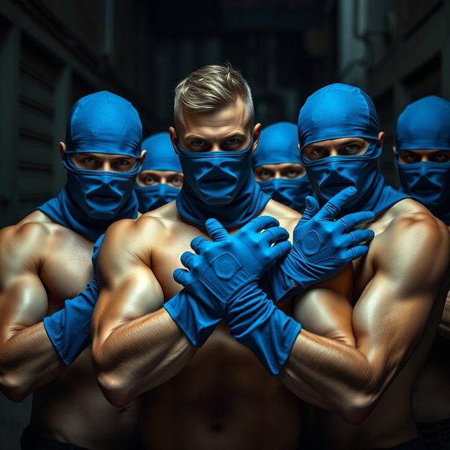 Un grupo de hombres con ojos azules intensos, sin camiseta, mostrando físicos musculosos y definidos, con las caras cubiertas por pasamontañas azules que aportan un aire de misterio y peligro