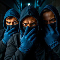 Un grupo de hombres con ojos azules intensos, cuyas caras están cubiertas por pasamontañas azules, dándoles un aire misterioso y amenazador