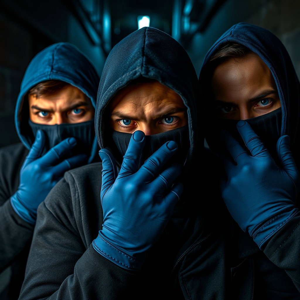 Un grupo de hombres con ojos azules intensos, cuyas caras están cubiertas por pasamontañas azules, dándoles un aire misterioso y amenazador