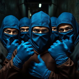 Un grupo de hombres con ojos azules intensos, cuyas caras están cubiertas por pasamontañas azules, dándoles un aire misterioso y amenazador