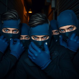 Un grupo de hombres con ojos azules intensos, cuyas caras están cubiertas por pasamontañas azules, dándoles un aire misterioso y amenazador