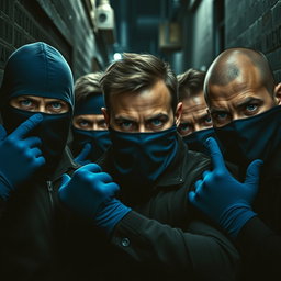 Un grupo de hombres con ojos azules intensos, cuyas caras están cubiertas por pasamontañas azules, dándoles un aire misterioso y amenazador