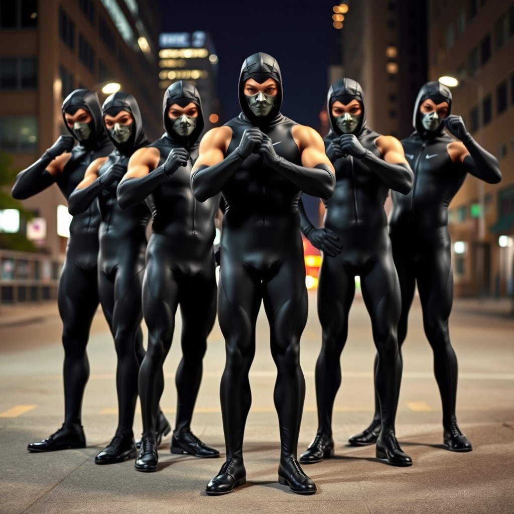 A dynamic group of men dressed in sleek, form-fitting catsuits that showcase their athletic builds
