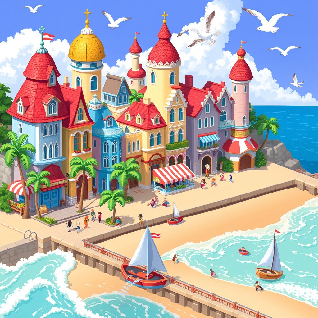 A charming seaside city depicted in 2D pixel art style, showcasing a fantasy setting with whimsical, colorful buildings that have unique architectures such as rounded roofs and ornate facades