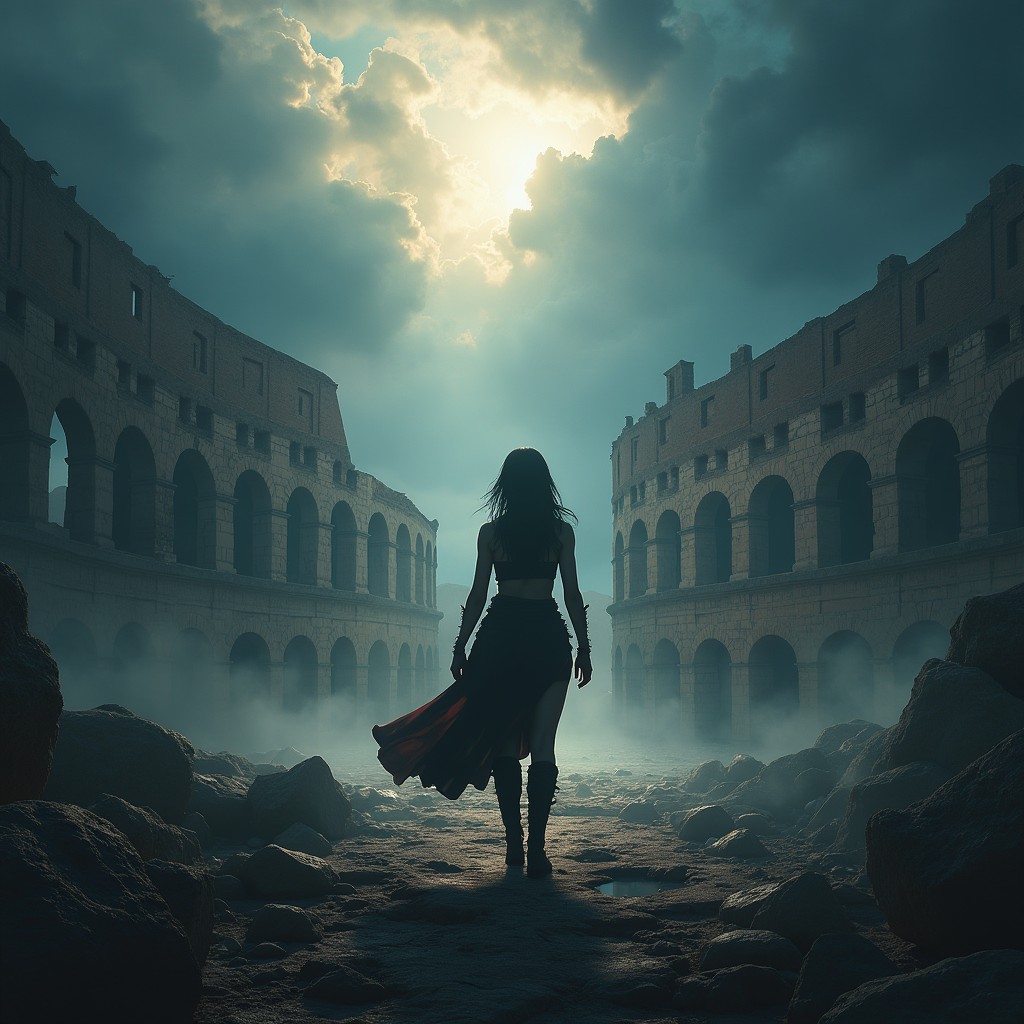 An epic fantasy book cover featuring a striking silhouette of a powerful female warrior standing boldly in front of a grand, ruined coliseum