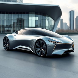 A futuristic electric car designed in the architectural style of Zaha Hadid, characterized by flowing, organic shapes and a sleek aesthetic