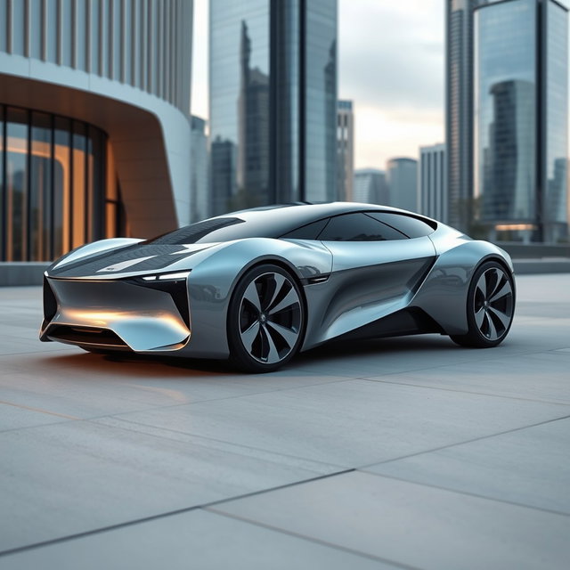 A futuristic electric car designed in the architectural style of Zaha Hadid, characterized by flowing, organic shapes and a sleek aesthetic