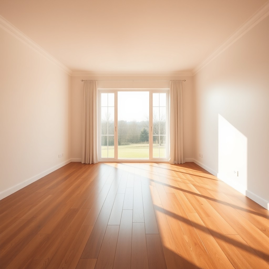 A serene, empty bedroom showcasing elegant wood floors