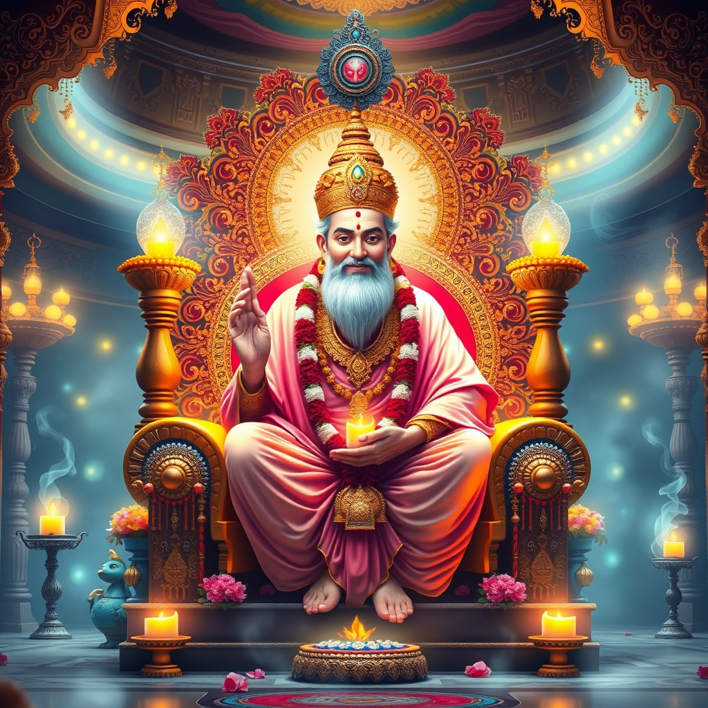 A beautiful and serene depiction of Sri Guru Narashima Swami, showcasing his divine form with a peaceful expression, surrounded by an aura of vibrant colors and spiritual symbols