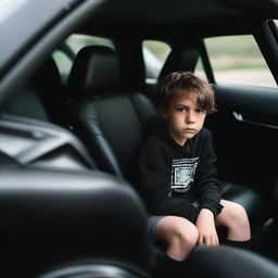 A young boy sitting inside an intimidating, monstrous black car