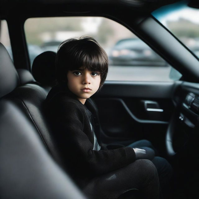 A young boy sitting inside an intimidating, monstrous black car