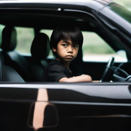 A young boy sitting inside an intimidating, monstrous black car