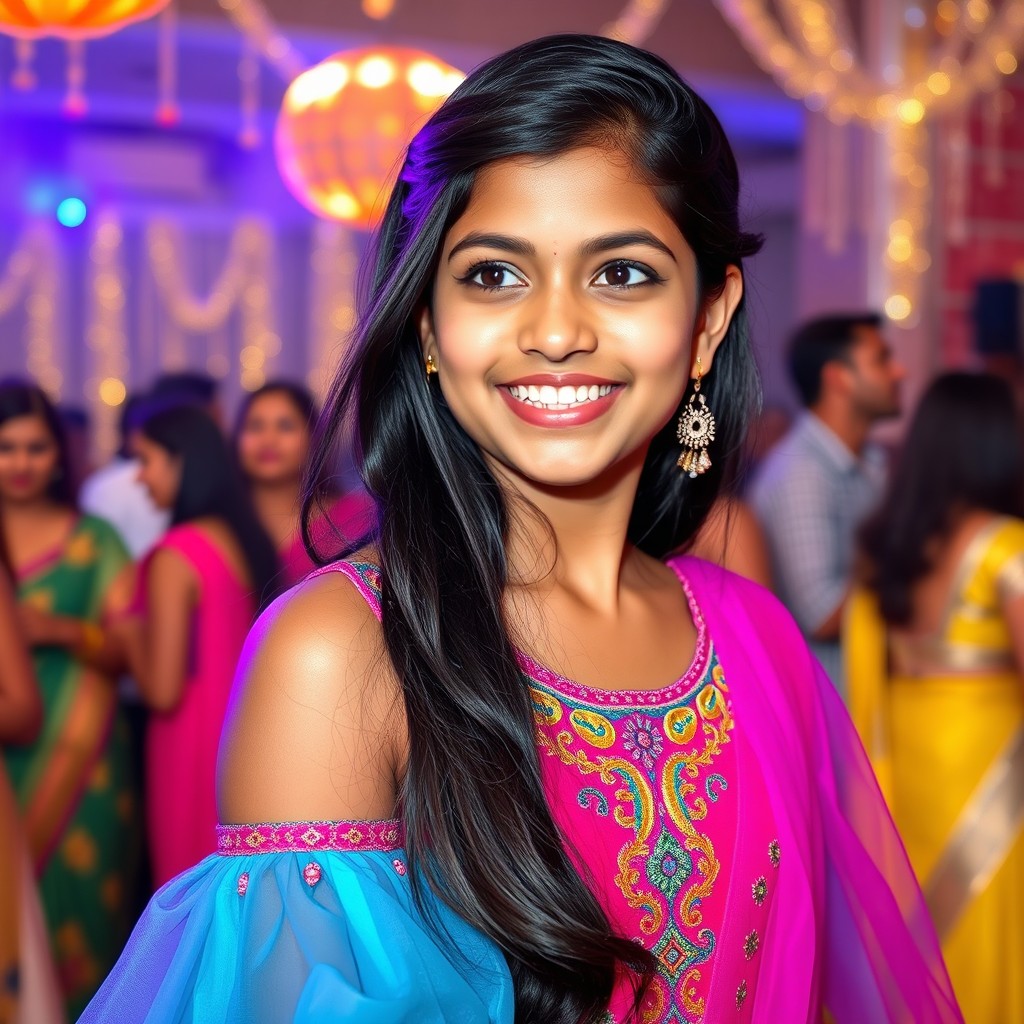 An Indian teenage girl, 16 years old, wearing an elegant and vibrant party dress
