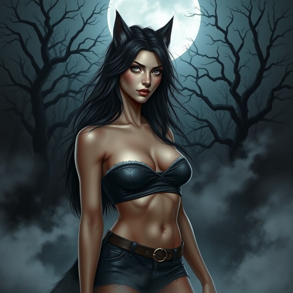 A beautiful female werewolf with dark fur, inspired by Nordic mythology, exuding an eerie horror atmosphere