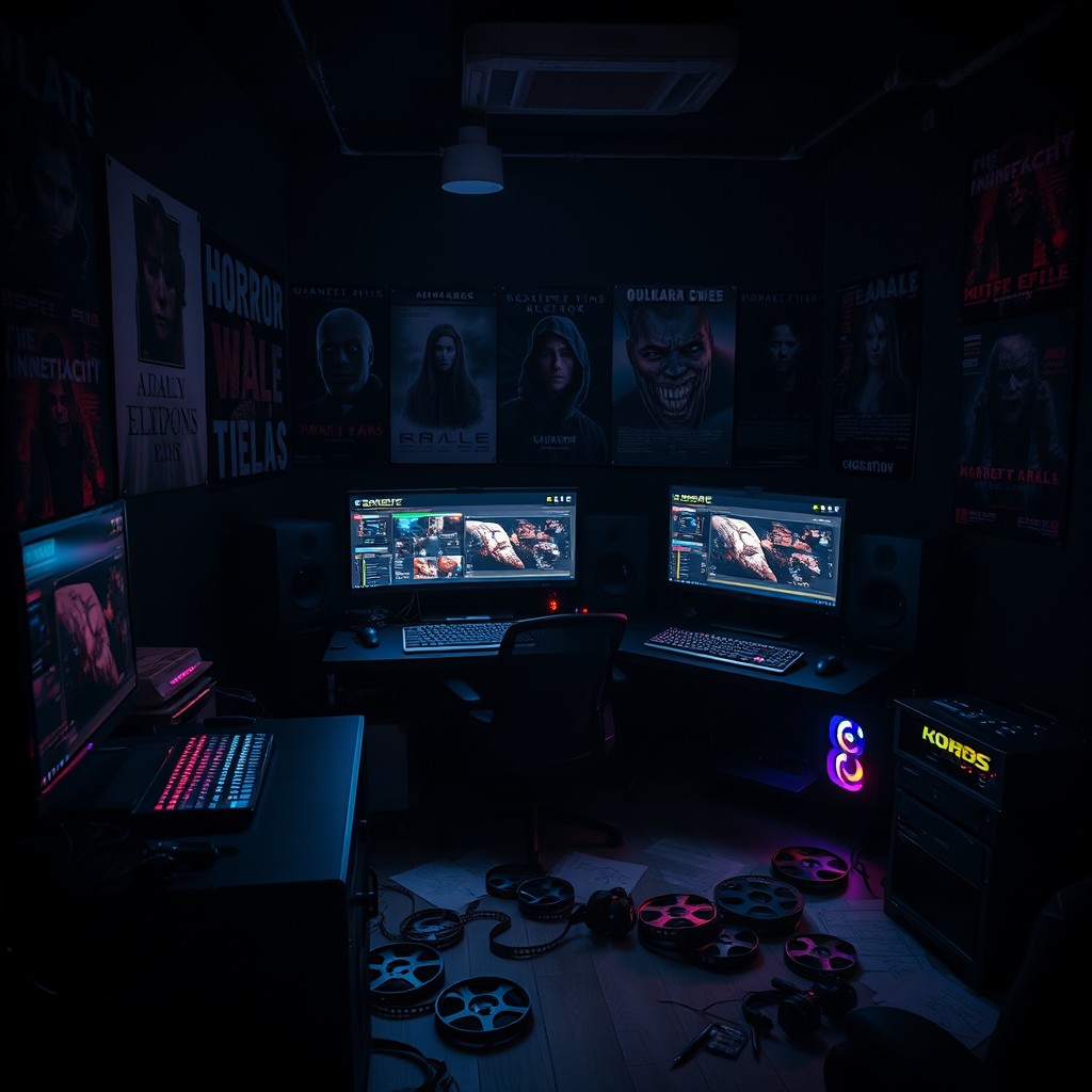 A dark, atmospheric editing room filled with high-tech editing equipment
