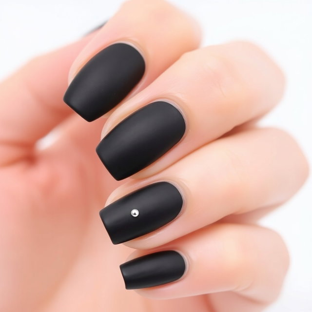 Close-up shot of a hand with neatly shaped short-to-medium length nails featuring a smooth matte black finish