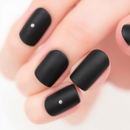 Close-up shot of a hand with neatly shaped short-to-medium length nails featuring a smooth matte black finish