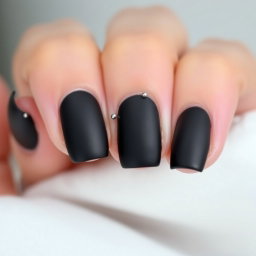 Close-up shot of a hand with neatly shaped short-to-medium length nails featuring a smooth matte black finish