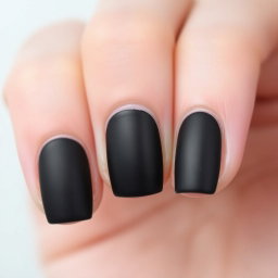 Close-up shot of a hand with neatly shaped short-to-medium length nails featuring a smooth matte black finish