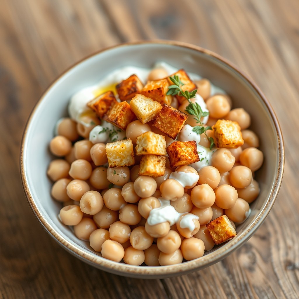 A charming bowl filled with round, chickpea-like beans that are fully coated with a light layer of creamy yogurt