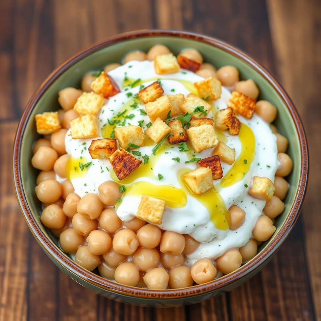 A colorful bowl filled with round, chickpea-like beans that are completely enveloped in a thick layer of creamy yogurt, ensuring that every bean is fully covered