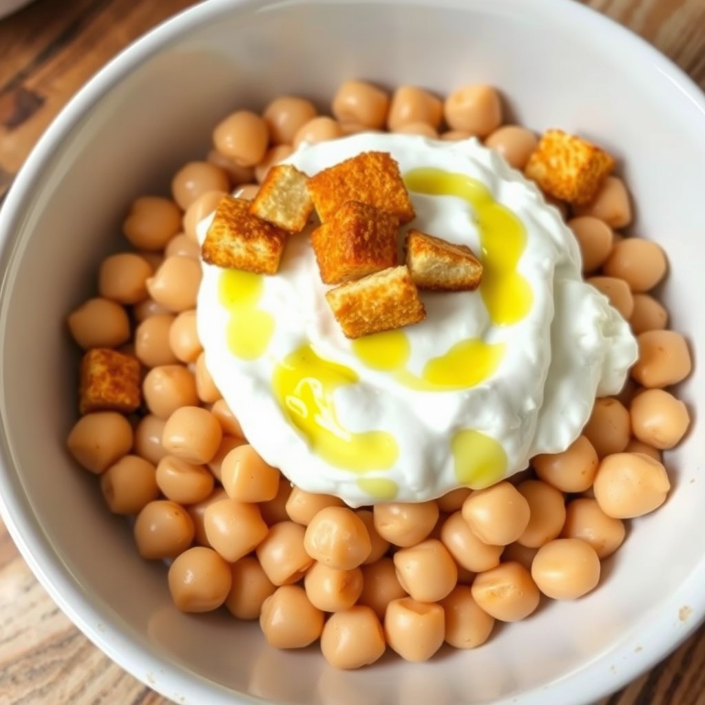 A beautiful bowl filled with round, chickpea-like beans that are completely covered in a thick layer of creamy yogurt, ensuring each bean is generously coated