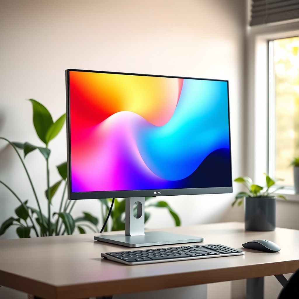 A sleek, modern computer monitor set on a minimalist desk, showcasing a stunning high-resolution display with vibrant colors