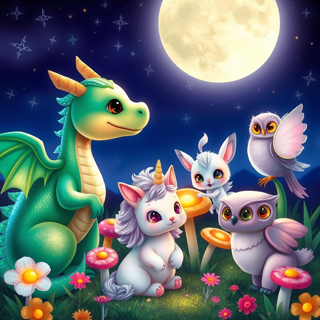 A whimsical fantasy scene featuring a variety of magical pets including a vibrant, shimmering dragon with emerald green scales, a fluffy pastel-colored unicorn with sparkling mane, a mischievous little fairy cat with delicate wings, and an enchanting owl with bright, luminescent eyes