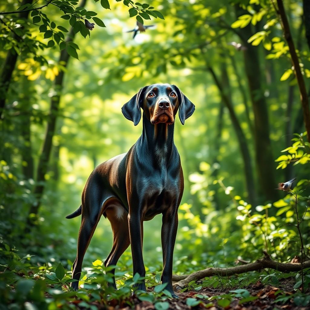A majestic hunting dog standing alert in a lush, green forest, with its ears perked up and a focused expression