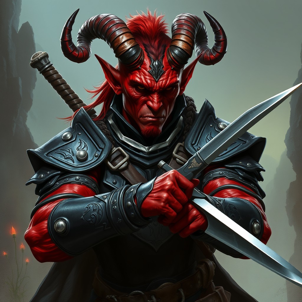 A fierce tiefling warrior clad in dark leather armor, showcasing intricate details such as embossed patterns and metal accents that reflect a warrior's strength