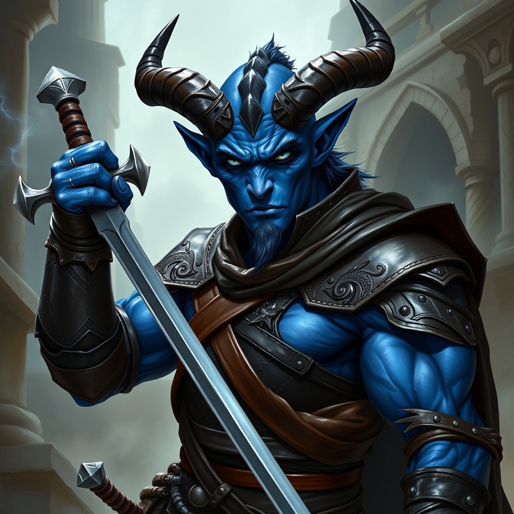 A formidable blue tiefling warrior dressed in sleek leather armor, adorned with intricate designs and highlighting the contours of their muscular physique
