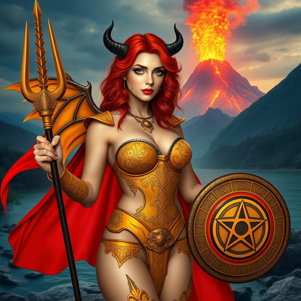 A 35-year-old woman with measurements 110-60-120, featuring fiery red wavy hair cascading below her shoulders, large green eyes, and bright makeup with sparkles
