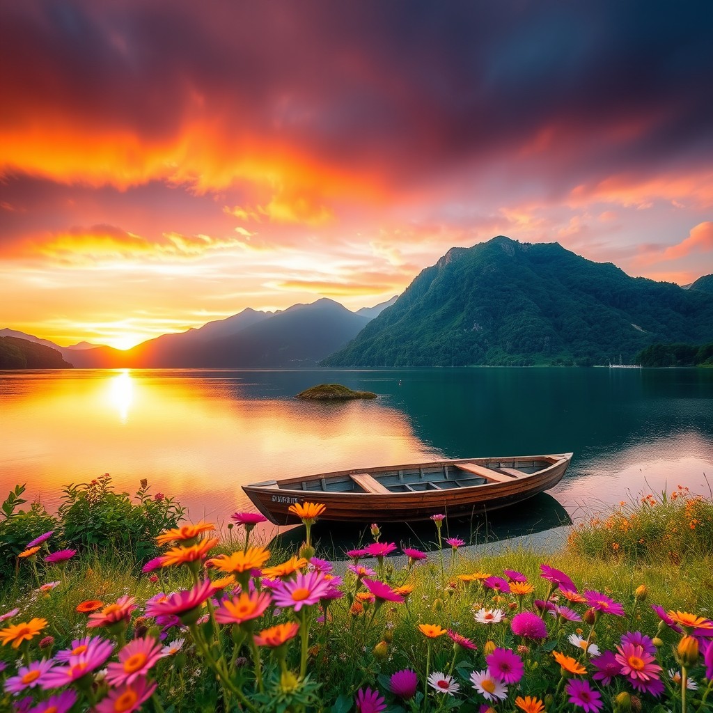 A stunning view of a serene sunset over a calm lake surrounded by lush green mountains