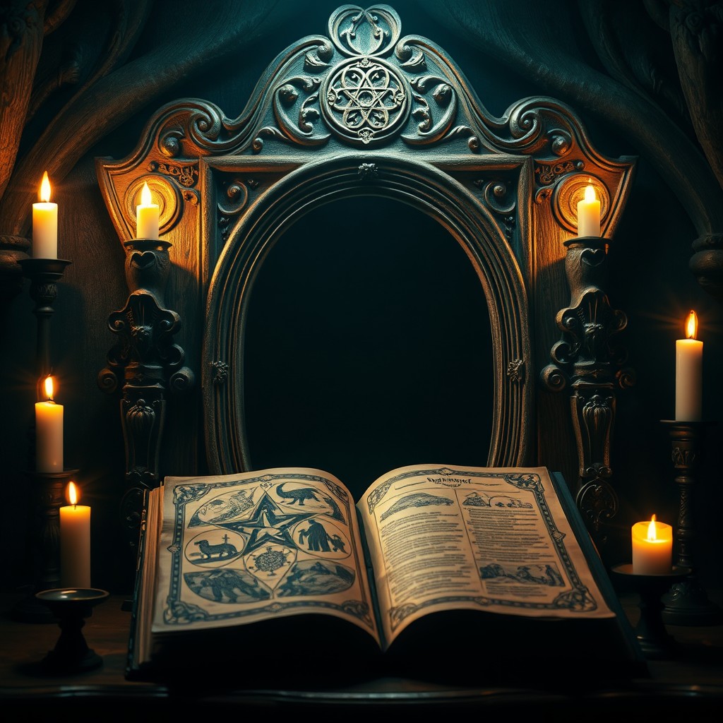 A medieval mirror with an intricately carved wooden frame, adorned with ornate designs and mystical symbols