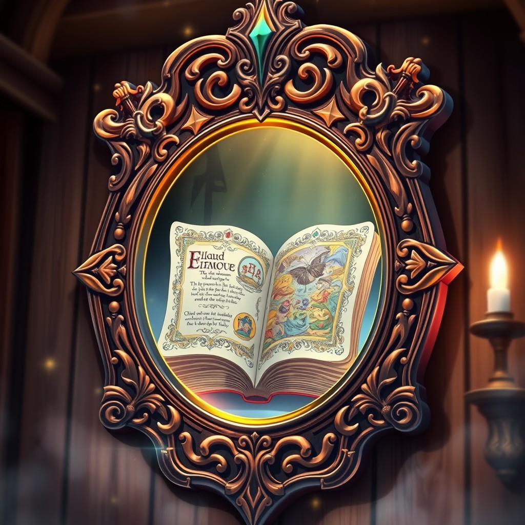 A medieval-style mirror with a beautifully ornate wooden frame, featuring intricate carvings and mystical motifs