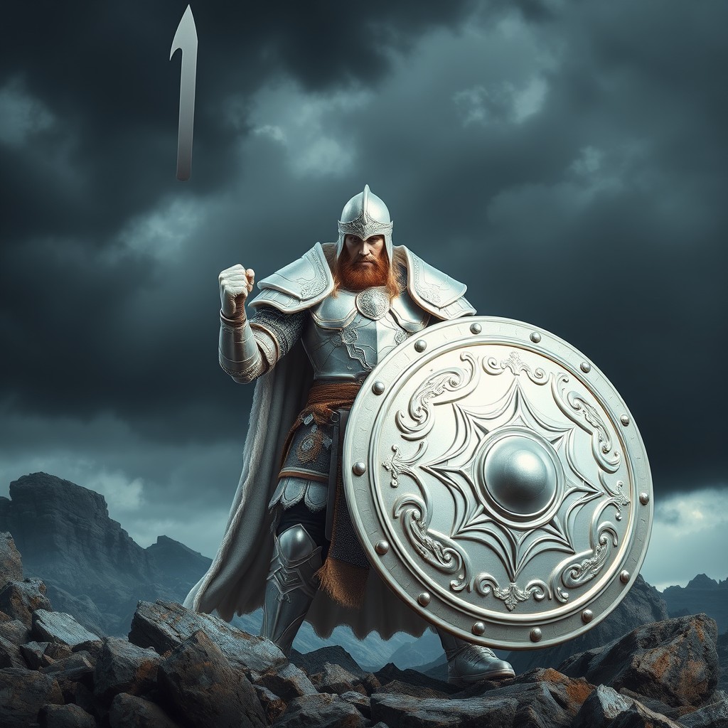 A valiant warrior clad in gleaming white armor, holding a massive shield and a formidable bastard sword