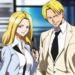 An anime-style scene where Sanji, a blonde haired man in a suit, is held at gunpoint by Robin, a woman with long, dark hair, while giving a confident smile.