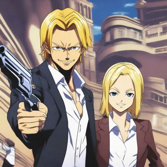 An anime-style scene where Sanji, a blonde haired man in a suit, is held at gunpoint by Robin, a woman with long, dark hair, while giving a confident smile.