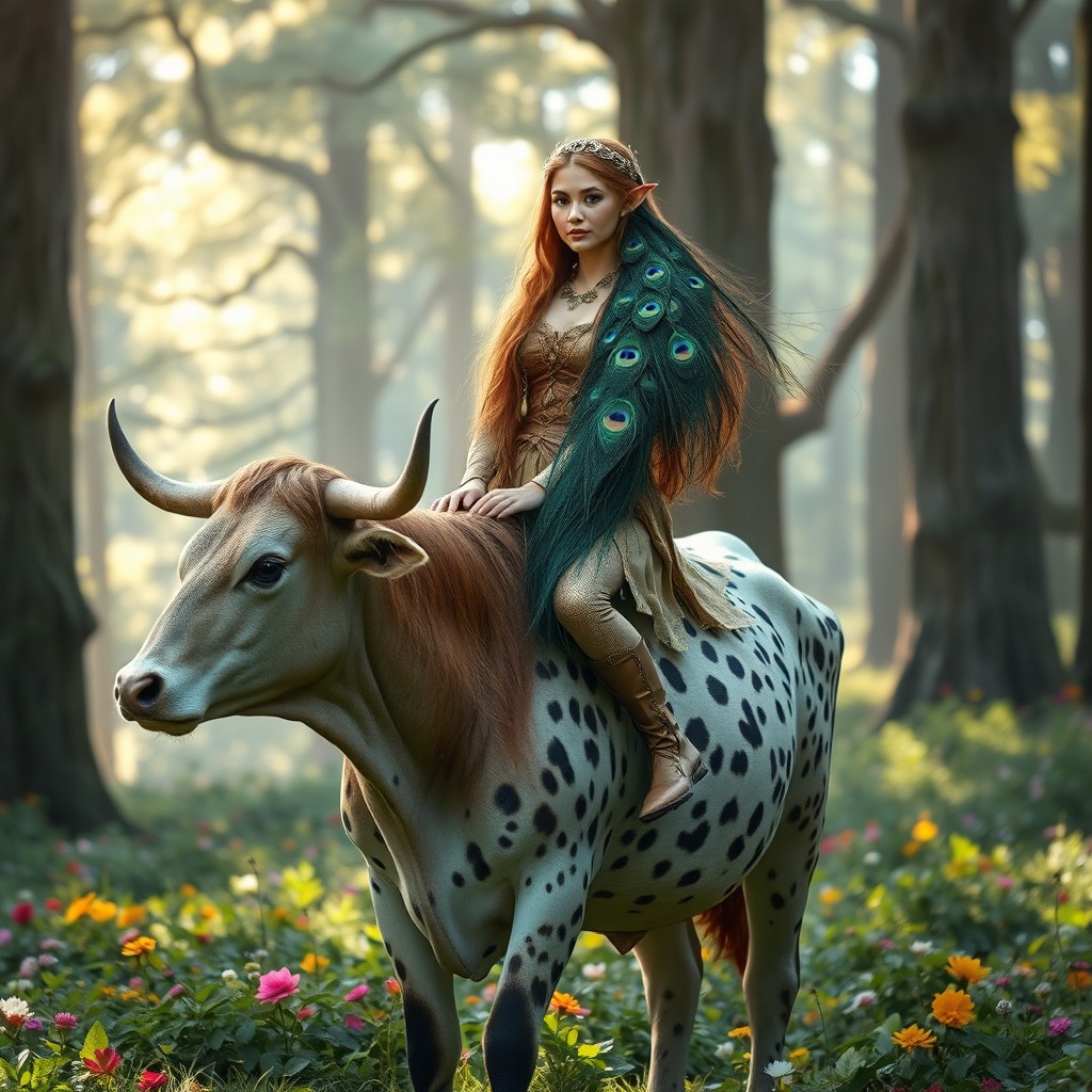 An enchanting elf princess druid, adorned with stunning peacock feathers intricately woven into her long, flowing hair