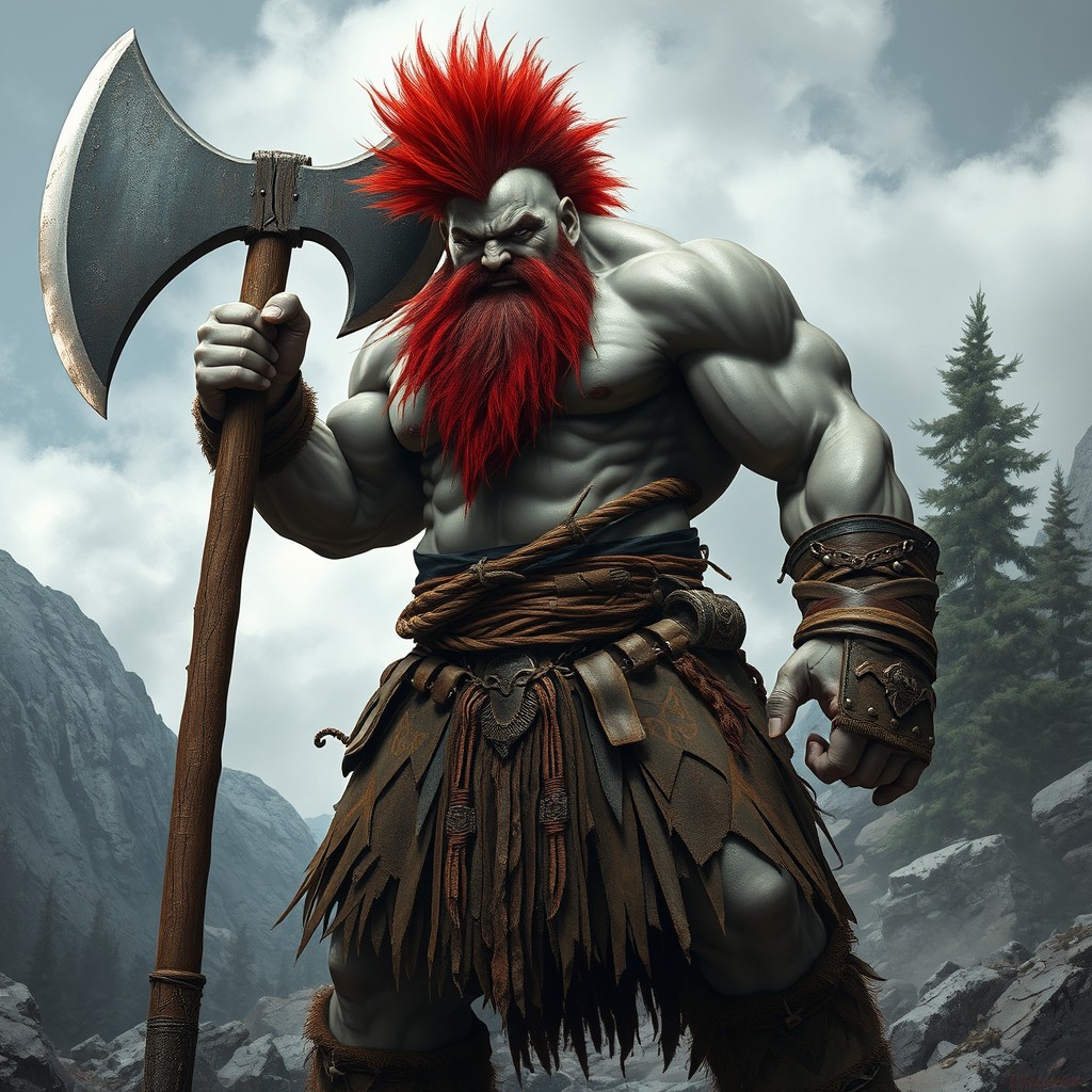 A Goliath barbarian, towering and muscular, wielding a massive great axe