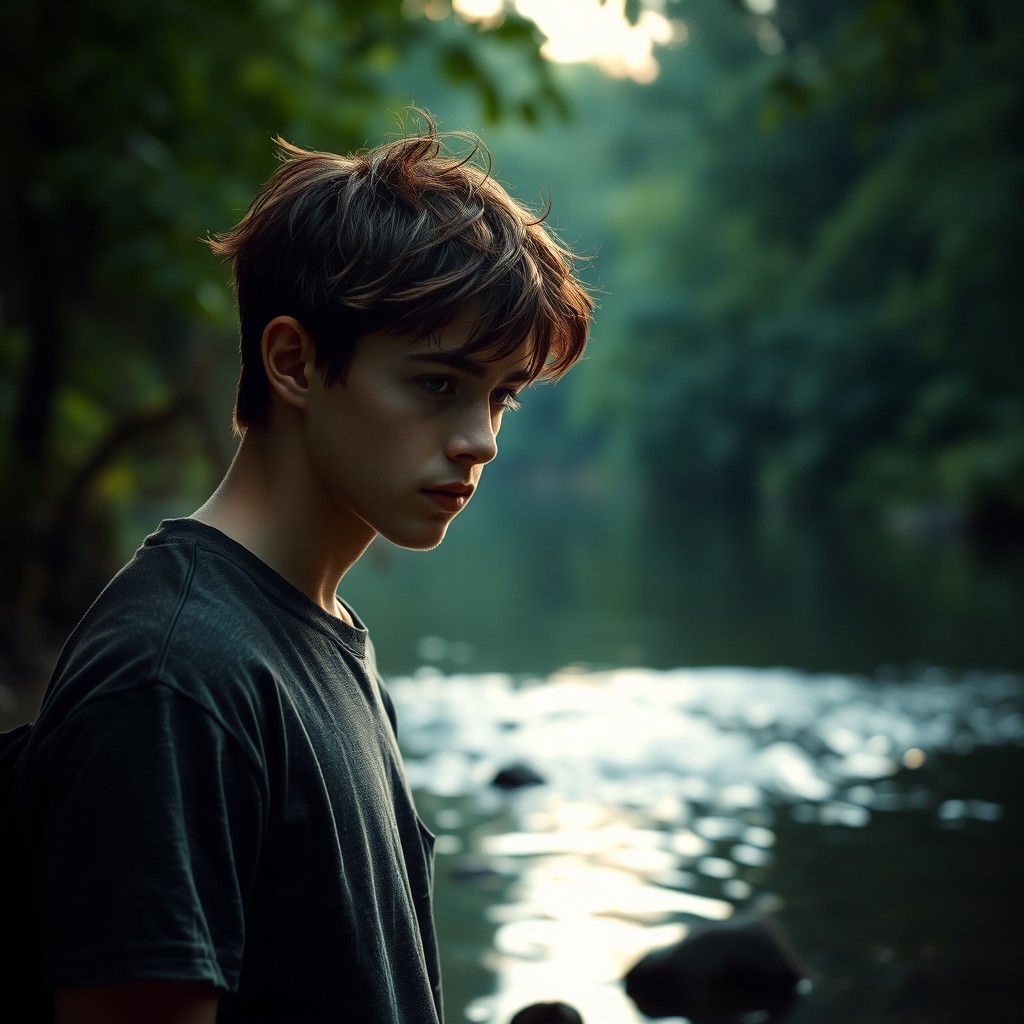A hyper-realistic image of a teenage male standing pensively by a serene creek, surrounded by lush greenery and the soft glimmer of the water reflecting dappling light