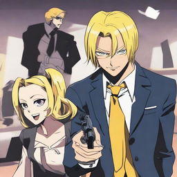 An anime-style scene where Sanji, a blonde haired man in a suit, is held at gunpoint by Robin, a woman with long, dark hair, while giving a confident smile.