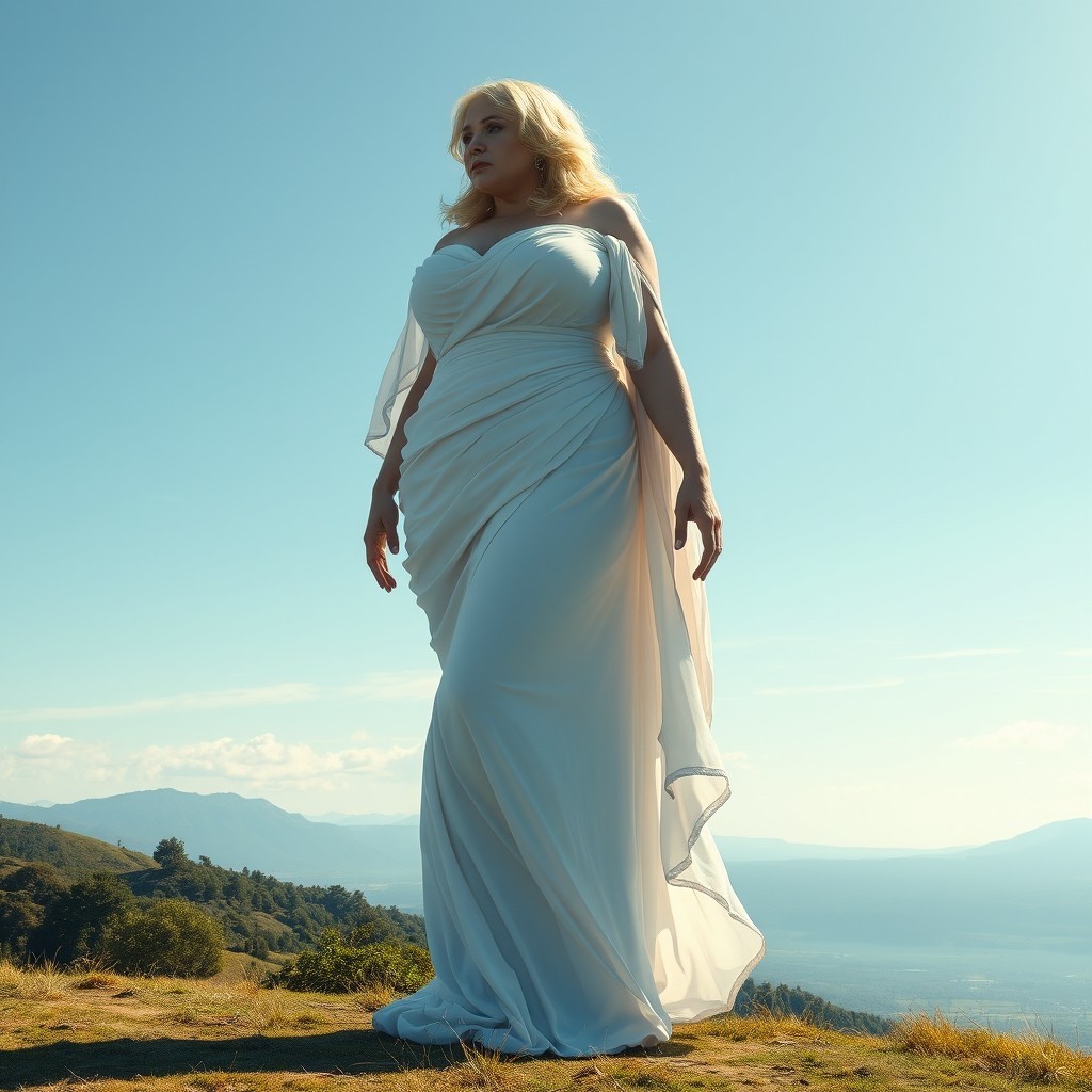 A stunningly realistic depiction of a 550-foot-tall curvy white woman giantess, standing confidently