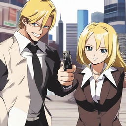 An anime-style scene where Sanji, a blonde haired man in a suit, is held at gunpoint by Robin, a woman with long, dark hair, while giving a confident smile.