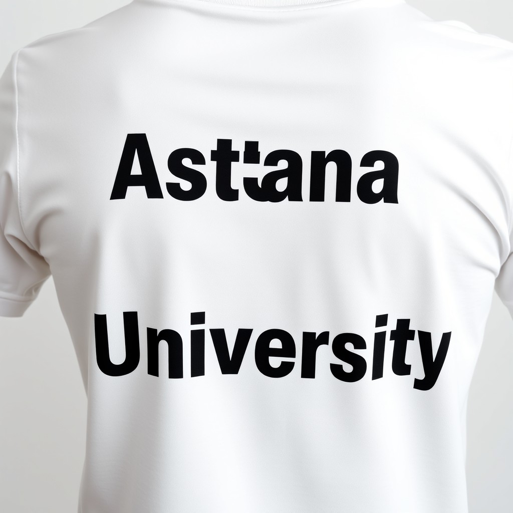 The back side of a white t-shirt featuring the text 'Astana IT University' in a modern, stylish font