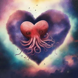 A drawing of a heart and an octopus flying in a nebula