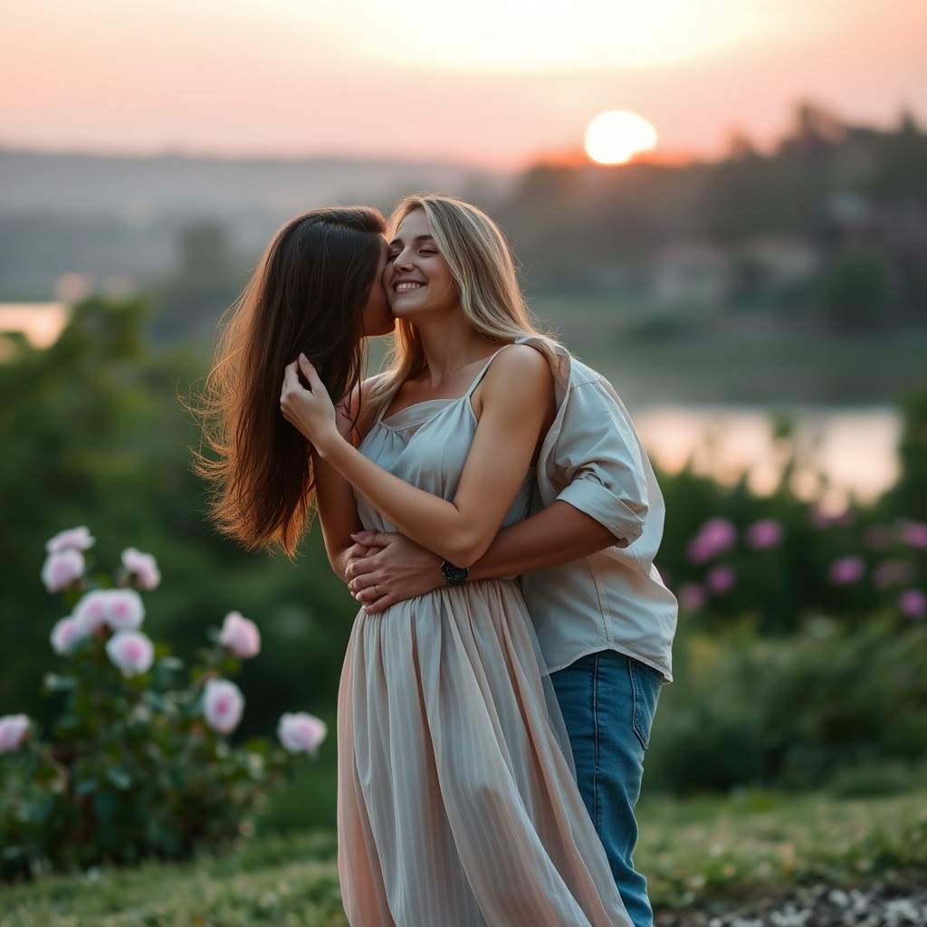A romantic scene featuring a loving couple embracing each other in a picturesque setting
