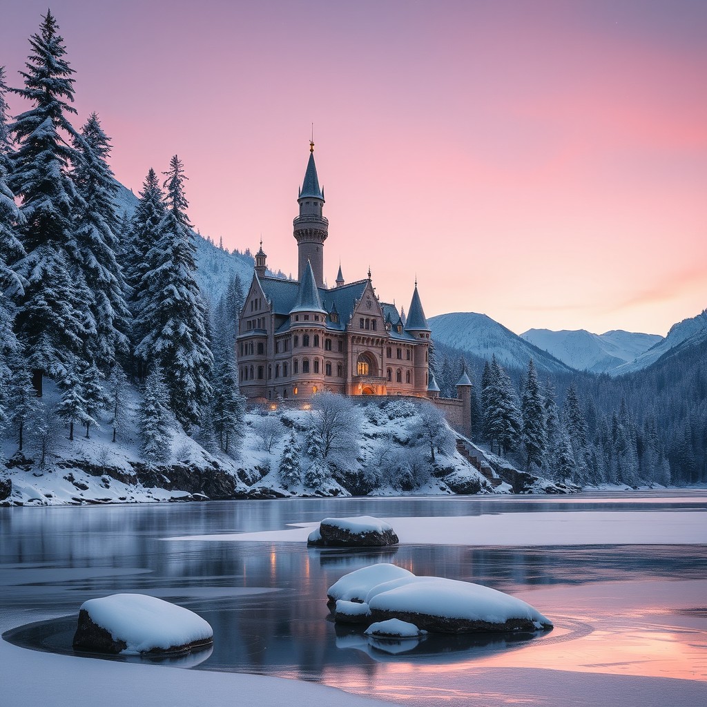 A majestic winter castle perched on a snowy mountainside, surrounded by tall pine trees frosted with snow