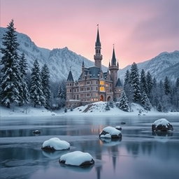 A majestic winter castle perched on a snowy mountainside, surrounded by tall pine trees frosted with snow