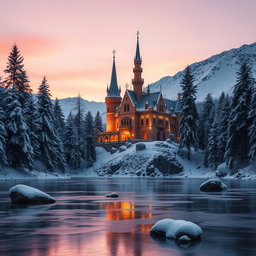 A majestic winter castle perched on a snowy mountainside, surrounded by tall pine trees frosted with snow